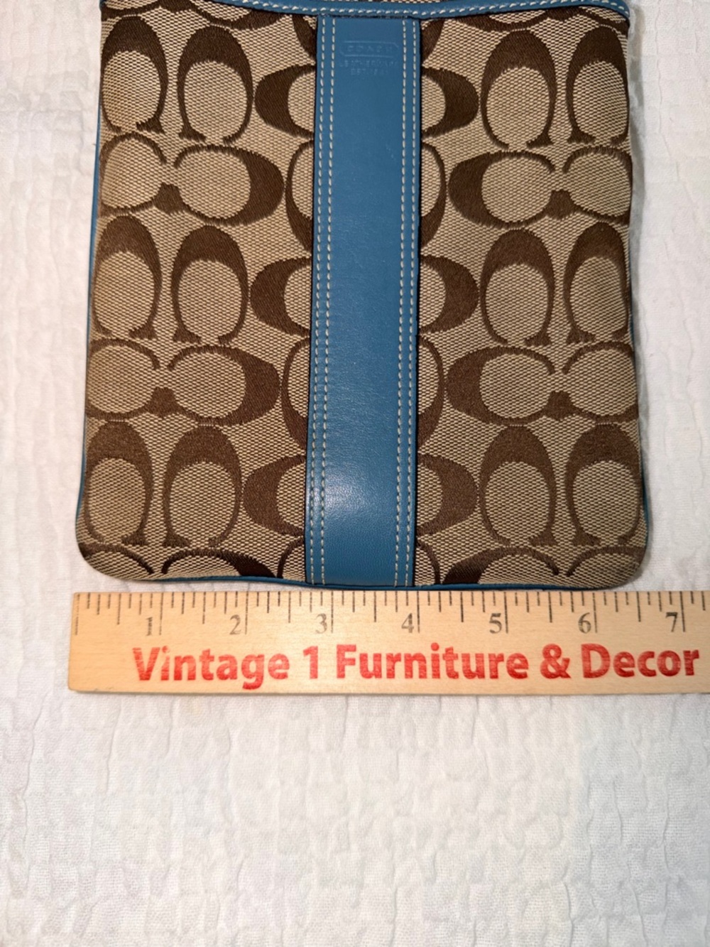 Coach Tan Signature Crossbody with Blue Leather Accents - Picture 7 of 8
